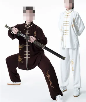 УНИСЕКС, летняя и весенняя униформа для боевых искусств, костюмы для выступлений по ушу, кунг-фу, тайцзи, одежда с принтом синий / коричневый / белый