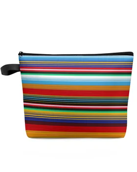 Цветная дорожная косметичка в мексиканскую полоску большой емкости, Портативная сумка для хранения макияжа, женский водонепроницаемый пенал