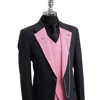Черные Розовые мужские костюмы в стиле Пэчворк из 3 предметов, Приталенный жакет, жилет, брюки, комплект /Свадебный костюм жениха, шафера, Homme, Новое поступление