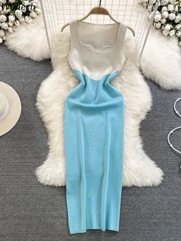 Шикарное сексуальное вязаное длинное платье-жилет контрастного цвета 2023, летние женские платья без рукавов, модные шикарные платья с квадратным воротником