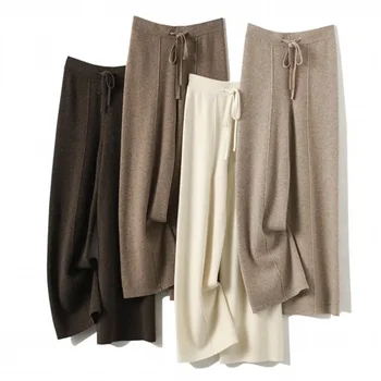 Широкие брюки из 100% чистой шерсти и кашемира, женские осенне-зимние прямые брюки в пол с высокой талией, свободные повседневные шерстяные трикотажные брюки