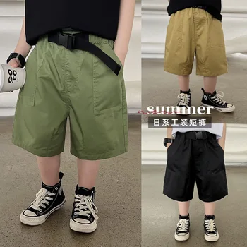 Шорты для мальчиков, детские Летние Корейские брюки-карго 2023 года, красивый однотонный пояс, Детские брюки для подростков, одежда для подростков