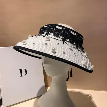 Элегантная соломенная шляпа, женская мода, складной жемчуг, кружево, цветочные украшения, пустой цилиндр, солнцезащитная шляпа с широкими полями.