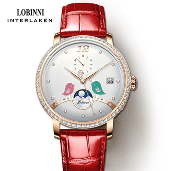 Элегантные женские часы LOBINNI С бриллиантовым циферблатом Фаза Луны Автоматические Механические часы Женские Сапфировое стекло Женские часы