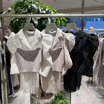 Японская весна 2023, шифоновая блузка с отложным воротником, перспективная рубашка с рукавами-пузырями, вязаный топ с бюстгальтером, милая повседневная блузка Feminina