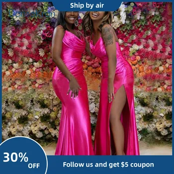 Ярко-розовые платья подружек невесты для африканских женщин 2023, элегантные свадебные платья русалочки в складку с разрезом сбоку для девочек